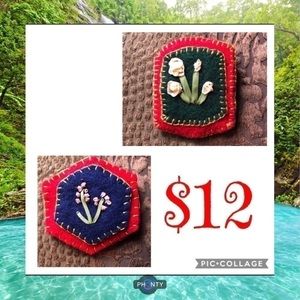 Hand made two brooch floral embroidered felt red green peach